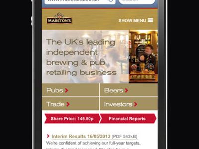 Marston's PLC website homepage on a smartphone