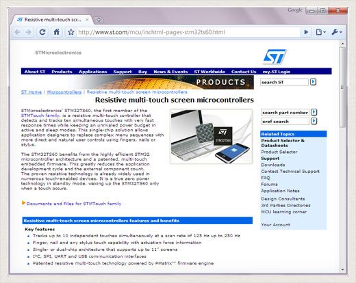 Screenshot of resistive mutli-touch screen microcontroller product page