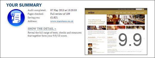 Screenshot of Sitemorse 9.9 out of 10 ranking for the Marston's PLC website