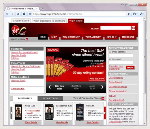 Screenshot of the Virgin Mobile website